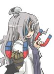  black_eyes breasts dual_wielding eyepatch gen_1_pokemon gloves holding labcoat long_hair magnemite magnet medium_breasts open_clothes personification pokemon screw seki_(red_shine) silver_hair single_glove solo 
