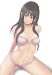  bare_shoulders blush bra breasts brown_eyes brown_hair head_tilt jewelry long_hair looking_at_viewer medium_breasts muffin_(sirumeria) navel necklace open_mouth original panties simple_background solo underwear underwear_only very_long_hair 