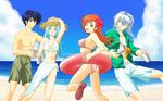  2boys 2girls aqua_hair banpresto beach bikini blue_eyes blue_hair cliana_rimskaya cyan_hair glacies glacies(srwd) green_eyes innertube joshua_radcliffe long_hair multiple_boys multiple_girls ocean orange_hair sea silver_hair super_robot_wars super_robot_wars_destiny swimsuit ventus_(srwd) yellow_eyes 