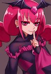  bad_end_happy bad_end_precure black_bodysuit bodysuit dark_persona earrings eyeshadow finger_to_mouth grey_background highres jewelry long_hair makeup pink_eyes pink_hair precure smile smile_precure! solo tiara twintails yoban 