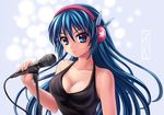  1girl animal_ears blue_eyes blue_hair breasts bunny_ears female headphones kotikomori long_hair looking_at_viewer microphone simple_background smile solo 