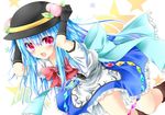  bad_id bad_pixiv_id blue_hair blush bow food fruit gloves hat hinanawi_tenshi long_hair open_mouth peach red_eyes skirt smile solo star tetsu_tissue touhou 