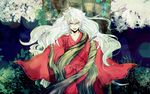  androgynous animal_ears arrow dog_ears floating_hair hj1896 inuyasha inuyasha_(character) japanese_clothes leaf long_hair male_focus open_mouth plant sleeves_past_wrists slit_pupils solo tree vines wide_sleeves yellow_eyes 