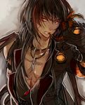  black_hair clenched_teeth elsword jacket jewelry male_focus mechanical_arm multicolored_hair nameco necklace pink_eyes raven_(elsword) red_hair scar sketch solo teeth two-tone_hair veteran_commander_(elsword) 