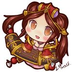  blush breasts brown_eyes brown_hair chibi chinese_clothes cleavage detached_sleeves earrings guqin_sona hagoromo hair_ornament hanfu instrument jewelry league_of_legends long_hair long_sleeves medium_breasts necklace open_mouth shawl shenren signature smile solo sona_buvelle twintails white_background 