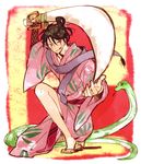  210_(titoto) :q black_hair full_body hair_up inuyasha jakotsu_(inuyasha) japanese_clothes kimono male_focus one_knee otoko_no_ko pink_kimono pose scarf snake solo sword tongue tongue_out weapon wide_sleeves yukata 