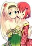  1girl 2girls alternate_hairstyle aurora_(night_sky) bare_shoulders blonde_hair blush breasts brown_eyes cleavage english flower green_eyes hair_flower hair_ornament hairband hairclip highres japanese_clothes kimono large_breasts long_hair multiple_girls new_year off_shoulder open_mouth orange_hair original ponytail shiroyama_hikari_(night_sky) short_hair simple_background sleeves_past_wrists smile snow_(gi66gotyo) solo standing the_star_of_promise_in_this_night_sky white_background wide_sleeves wink 