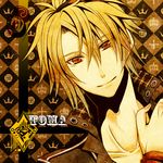  amnesia_(idea_factory) argyle argyle_background blonde_hair brown_background character_name dutch_angle hiyoringo male_focus red_eyes smile solo toma_(amnesia) 