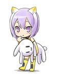  :3 animal_ears azuma_doguu blush boots busou_shinki carrying_under_arm cat_ears chibi detached_sleeves doll finger_to_mouth full_body holding holding_stuffed_animal looking_at_viewer partio pointing pointing_at_self purple_eyes purple_hair shadow short_hair simple_background solo standing stuffed_animal stuffed_bunny stuffed_toy white_background yellow_footwear |_| 