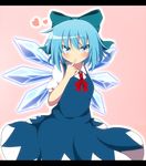  blue_dress blue_eyes blue_hair blush bow cirno do_(4-rt) dress finger_in_mouth hair_bow heart highres letterboxed looking_at_viewer pink_background puffy_sleeves shirt short_hair short_sleeves solo touhou wings 