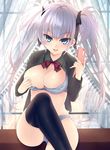  bad_id bad_pixiv_id black_legwear blue_bra blue_eyes blue_panties bra breasts cellphone hair_ribbon large_breasts leg_lift long_hair looking_at_viewer myg naughty_face open_clothes open_mouth open_shirt original panties phone purple_hair ribbon shirt sitting smile solo thighhighs underwear 