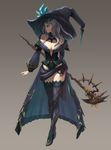  bare_shoulders boots breasts cleavage full_body grey_hair hat highres jay27 long_hair medium_breasts original simple_background solo staff thighhighs witch witch_hat 