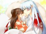  1girl :d age_difference brown_eyes brown_hair checkered chin_rest cogami facial_mark from_side fur fur_trim hair_grab inuyasha japanese_clothes kimono long_hair open_mouth pointy_ears rin_(inuyasha) sesshoumaru side_ponytail smile white_hair yellow_eyes yukata 