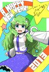  2013 blush cat detached_sleeves frog_hair_ornament green_eyes green_hair hair_ornament hair_tubes happy_new_year kochiya_sanae lie-lilac long_hair new_year open_mouth skirt smile snake_hair_ornament solo star touhou 