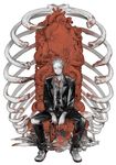  bad_id bad_pixiv_id blonde_hair blood dorohedoro expressionless formal full_body glasses heart_(organ) male_focus maruco mask mask_removed mushroom necktie organs ribs shin_(dorohedoro) shoes simple_background sitting sneakers solo stitches suit throne tuxedo 