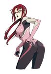  9aki ass bad_id bad_pixiv_id blue_eyes bodysuit brown_hair cowboy_shot cropped_legs from_behind glasses hand_on_ass highres looking_at_viewer looking_back makinami_mari_illustrious neon_genesis_evangelion open_mouth pink_bodysuit plugsuit rebuild_of_evangelion red_hair simple_background solo twintails white_background 