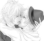  greyscale hat hug kiss kurusu_shou male_focus monochrome multiple_boys open_mouth saliva shinomiya_satsuki tongue tongue_out uta_no_prince-sama yaoi 