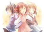  amami_haruka black_hair brown_hair grin hagiwara_yukiho idolmaster idolmaster_(classic) kikuchi_makoto multiple_girls omelette_(chako3) ribbon short_hair smile 