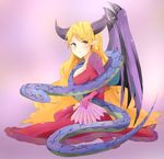  bad_id bad_pixiv_id blonde_hair dragon_girl fan horns lilith_(p&amp;d) long_hair monster_girl pink_eyes pointy_ears puzzle_&amp;_dragons simple_background sitting snake solo takumi_rin wings 