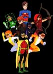  4boys 4girls abuse abuse_(dc) arrow bat_symbol batgirl belt black_hair boots bow_(weapon) brother brother_and_sister cape chris_kent colin_wilkes damian_wayne dark_skin dc_comics domino_mask gloves goggles highres hood impulse irey_west jai_west kryptonian lian_harper mask milagro_reyes multiple_boys multiple_girls nell nell_little orange_hair red_arrow robin_(dc) s_shield siblings sister superhero weapon young younger 