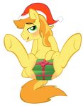  blush braeburn_(mlp) butt christmas dick_in_a_box equine feral friendship_is_magic fur gift green_eyes hair hat holidays horse looking_at_viewer male mammal my_little_pony penis pony solo unknown_artist yellow_fur 