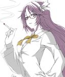  asakura_rikako bow cigarette closed_labcoat glasses hair_ribbon kuronuko_neero labcoat long_hair long_sleeves md5_mismatch purple_eyes purple_hair red-framed_eyewear ribbon shirt sketch solo touhou touhou_(pc-98) 