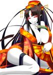  between_breasts black_hair breasts cleavage curvy demon_girl fan glowing glowing_eyes hair_ornament highres huge_breasts japanese_clothes kimono legs long_hair looking_at_viewer naughty_face original pointy_ears red_eyes shiki_(psychedelic_g2) simple_background slit_pupils smile smirk snake solo textless thighs third_eye very_long_hair white_background white_skin 