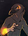  beak biceps bioluminescence bird black_beak black_feathers claws crow falvie glowing half-dressed looking_at_viewer male muscles orange_eyes pecs plain_background raven smile solo topless watermark 