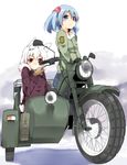  alternate_costume animal_ears blue_eyes blue_hair blush coat gloves ground_vehicle hair_bobbles hair_ornament highres inubashiri_momiji kawashiro_nitori motor_vehicle motorcycle multiple_girls red_eyes short_hair sidecar sitting smile tera_zip touhou two_side_up white_hair wolf_ears 