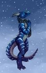  anthro blue_body blue_eyes blue_scales blue_theme body_markings demicoeur dragon horn looking_up male markings nude outside raventhan reptile scalie scarf snow snowing solo standing western_dragon white_belly white_horns white_stripes winter 
