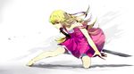  bare_shoulders barefoot blonde_hair dress itou long_hair monogatari_(series) oshino_shinobu red_eyes solo strap_slip 