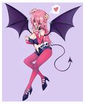  bare_shoulders bat_wings breasts cleavage copyright_request coupe50 demon_girl demon_tail horns large_breasts long_hair midriff navel pantyhose pink_hair pointy_ears solo succubus tail wings yellow_eyes 
