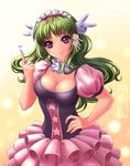  1girl breasts female finger_up green_hair hairband kotikomori long_hair looking_at_viewer point purple_eyes smile solo star 