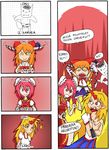  1boy 3girls 4koma comic commentary covering covering_breasts finnish graph_paper horn hoshiguma_yuugi ibaraki_kasen ibuki_suika multiple_girls oni pointy_ears setz sharp_teeth tearing_clothes teeth torn_clothes touhou translated 