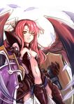  armor center_opening clenched_teeth dark_minerva_(p&amp;d) feathers gloves head_wings highres long_hair minerva_(p&amp;d) nikke_(cherish) puzzle_&amp;_dragons red_hair shield shoulder_pads solo sword teeth weapon wings yellow_eyes 