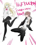  1girl arm_behind_back bad_id bad_pixiv_id belt blonde_hair blue_eyes brown_eyes brown_hair earrings genderswap genderswap_(ftm) genderswap_(mtf) jacket jewelry kujikawa_rise kuma_(persona_4) long_hair open_mouth pantyhose persona persona_4 serori skirt smile 