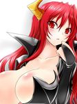  1girl breasts breasts_outside cless_(tamaota) demon_girl elbow_gloves female gloves horns huge_breasts long_hair maou_(maoyuu) maoyuu_maou_yuusha red_eyes red_hair simple_background solo upper_body white_background 