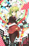  :q ahoge black_legwear green_eyes green_hair gumi highres isegawa_yasutaka jumping looking_at_viewer necktie pantyhose plaid school_uniform setsuna_trip_(vocaloid) short_hair smile solo tongue tongue_out vocaloid 