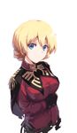  adapted_costume blonde_hair blue_eyes braid breast_hold breasts char_aznable char_aznable_(cosplay) cosplay darjeeling epaulettes fangdan_runiu girls_und_panzer gundam jacket light_smile long_sleeves looking_at_viewer military military_uniform parody red_jacket short_hair sketch solo st._gloriana's_military_uniform tied_hair twin_braids uniform upper_body zeon 