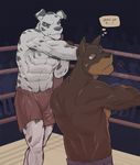  angry back biceps big_muscles black_fur blood blue_eyes boxer boxing brown_fur canine clothed clothing dalmatian doberman dog english_text fangs fight fur half-dressed male mammal muscles nipples pecs punch superslickslasher teeth text topless violence white_fur 