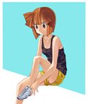  aizawa_eiko bare_shoulders brown_eyes brown_hair kikiki_(hiya_mikan) putting_on_shoes shinryaku!_ikamusume short_hair shorts solo tank_top 