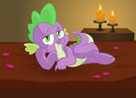  candles dragon fangs flower friendship_is_magic green_eyes looking_at_viewer male my_little_pony nannurs on_bed petals purple_skin rose rose_ scalie solo spike_(mlp) young 