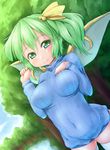  blush bottomless breasts daiyousei green_eyes green_hair hair_ribbon hand_on_breast large_breasts long_sleeves naked_sweater navel ribbed_sweater ribbon short_hair side_ponytail smile solo sweater thighhighs touhou tree waribashi-p water white_legwear wings 