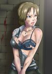  1girl beaten blood bra breasts brown_hair bruise buttons cleavage helena_harper injury jewelry kuro_fn large_breasts necklace open_mouth resident_evil resident_evil_6 solo sweat torn_clothes underwear vest 