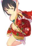  absurdres arm_support black_hair blurry depth_of_field floral_print flower hair_flower hair_ornament highres idolmaster idolmaster_cinderella_girls japanese_clothes midriff navel q_(ed69) simple_background solo takafuji_kako tareme white_background yellow_eyes 