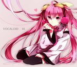  bad_id bad_pixiv_id character_name cherry detached_sleeves food food_themed_hair_ornament fruit hair_ornament hatsune_miku hibiya highres long_hair looking_at_viewer necktie pink_eyes pink_hair revision sakura_miku sitting solo thighhighs twintails very_long_hair vocaloid 