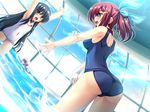  black_hair blue_eyes blush collar game_cg goshujinsama_daisuki kuu_spitfire long_hair multiple_girls murakumo_sakura red_eyes red_hair shishiouin_hime silver_hair swimsuit water yellow_eyes 