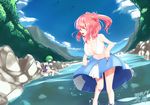  barefoot bikini bikini_top breasts cleavage cloud dated day green_eyes green_hair hair_bobbles hair_ornament hat hat_removed headwear_removed large_breasts mountain multiple_girls navel onozuka_komachi red_hair river shiki_eiki sitting sky smile soaking_feet swimsuit totosu touhou tree two_side_up white_bikini white_swimsuit 