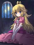  1girl blonde_hair blue_eyes crown dress earrings elbow_gloves gloves jewelry mario_(series) nintendo pendoast princess princess_peach prison sitting solo star super_mario_bros. tendoast window 