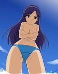  bikini bikini_bottom blue_hair breasts brown_eyes covering covering_breasts from_below idolmaster idolmaster_(classic) kisaragi_chihaya long_hair miastral_violet navel solo swimsuit topless 